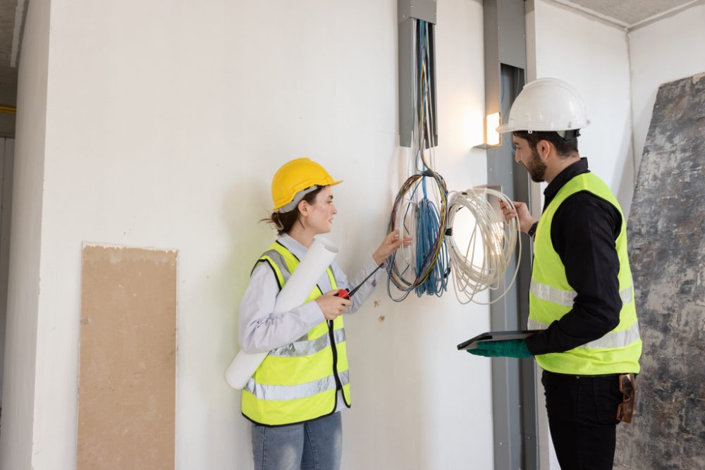 Travailleurs de la construction échangeant